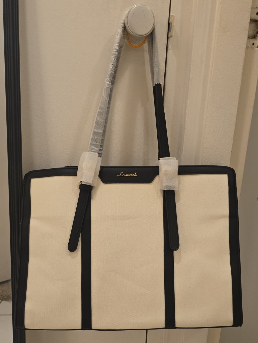 Two-Tone Cream and Black Canvas Tote